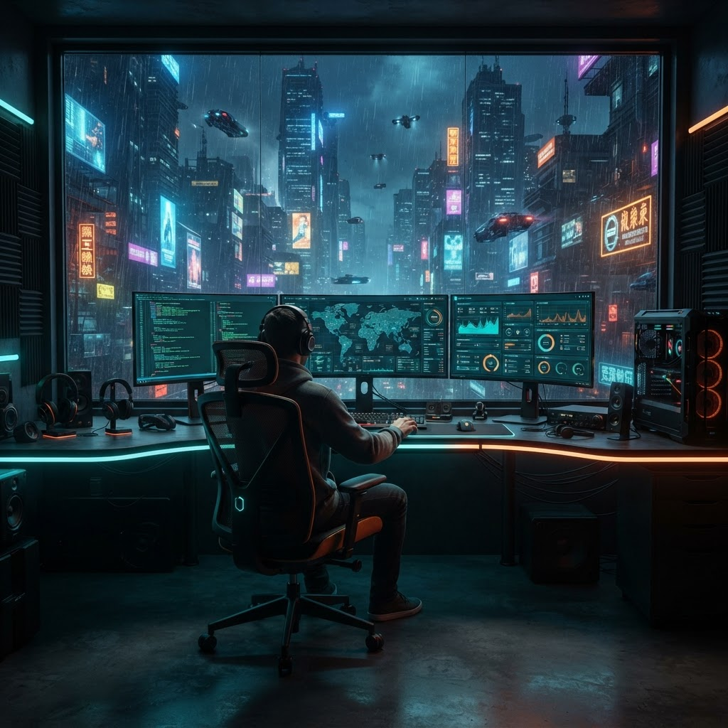 Wartell operations center overlooking a neon city